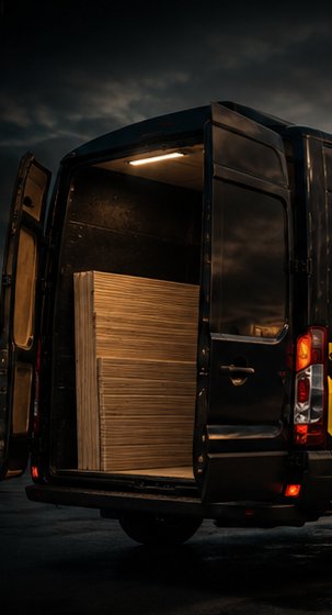 Cut ply lining panels loaded into a delivery van